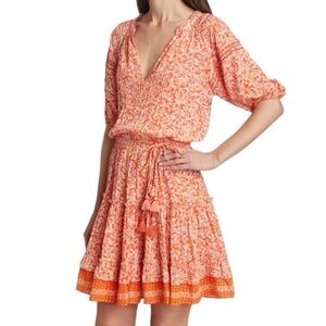 Poupette St. Barths Bona Lemon Print Tiered Tie Waist Tassels Mini Dress - S